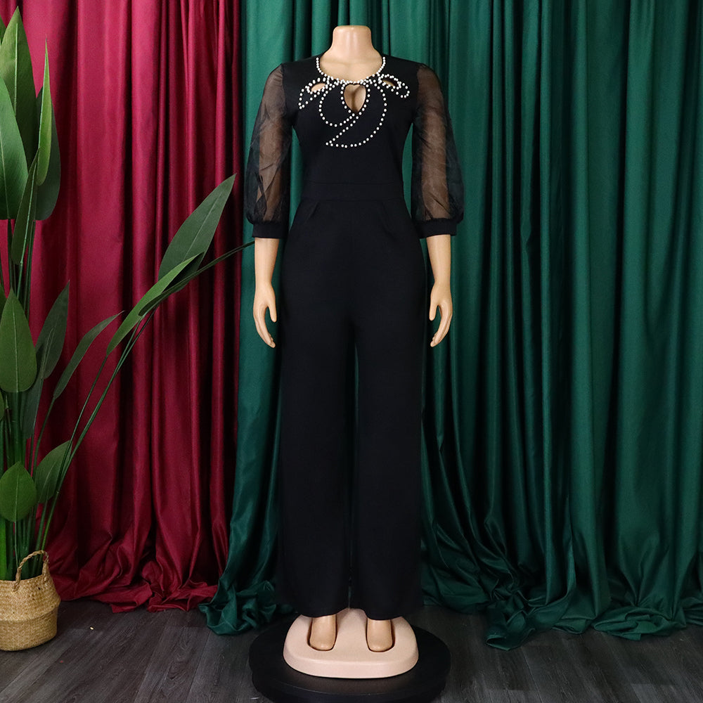 Women'S Summer Short Sleeve Puff Sleeve Beaded Sexy Wide Leg Slim Waist Plus Size Jumpsuit 20