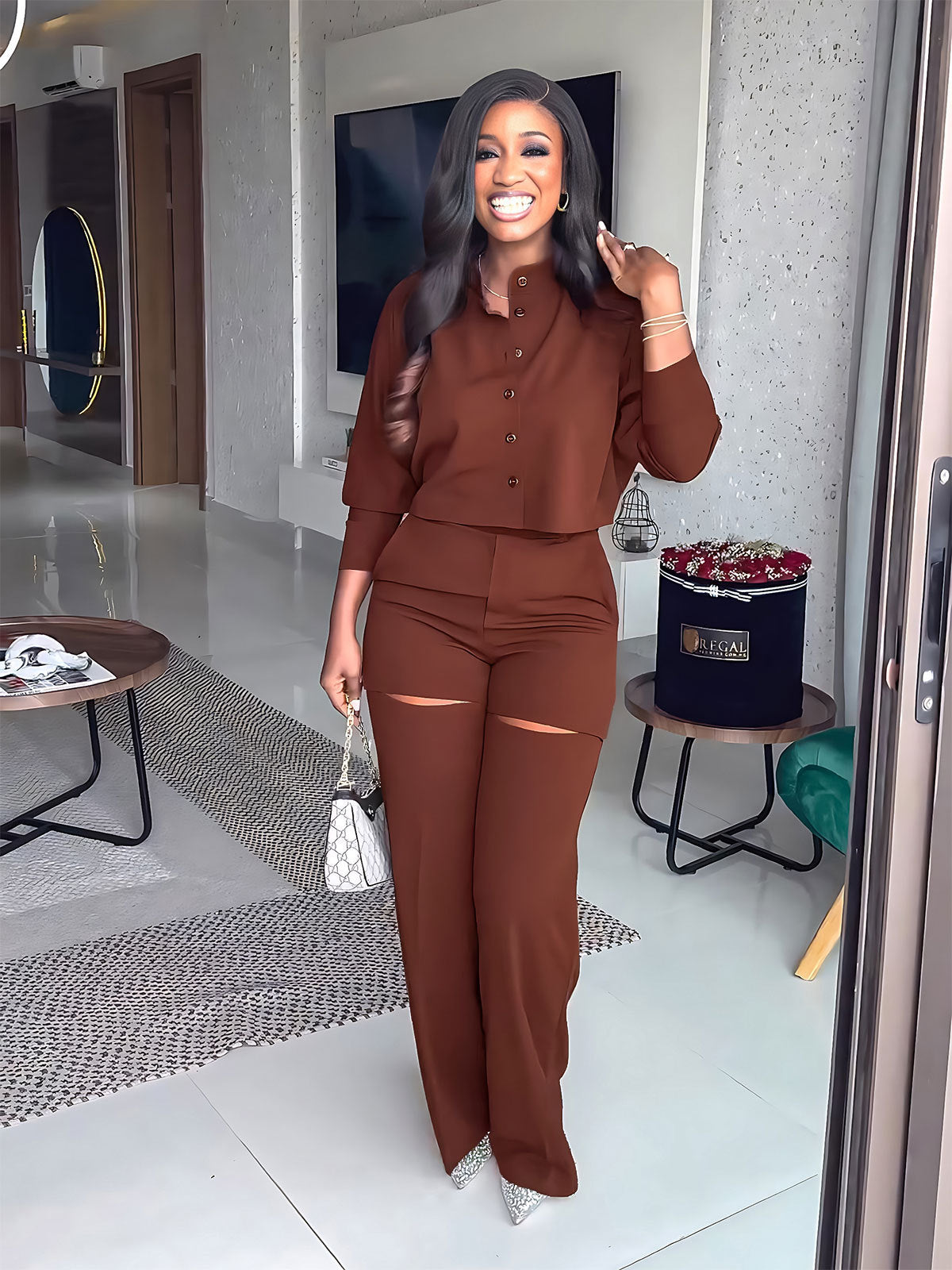 Long-Sleeved Solid Button Up Top Fashionable Ripped High-Waisted Trousers Two-Piece Set 3