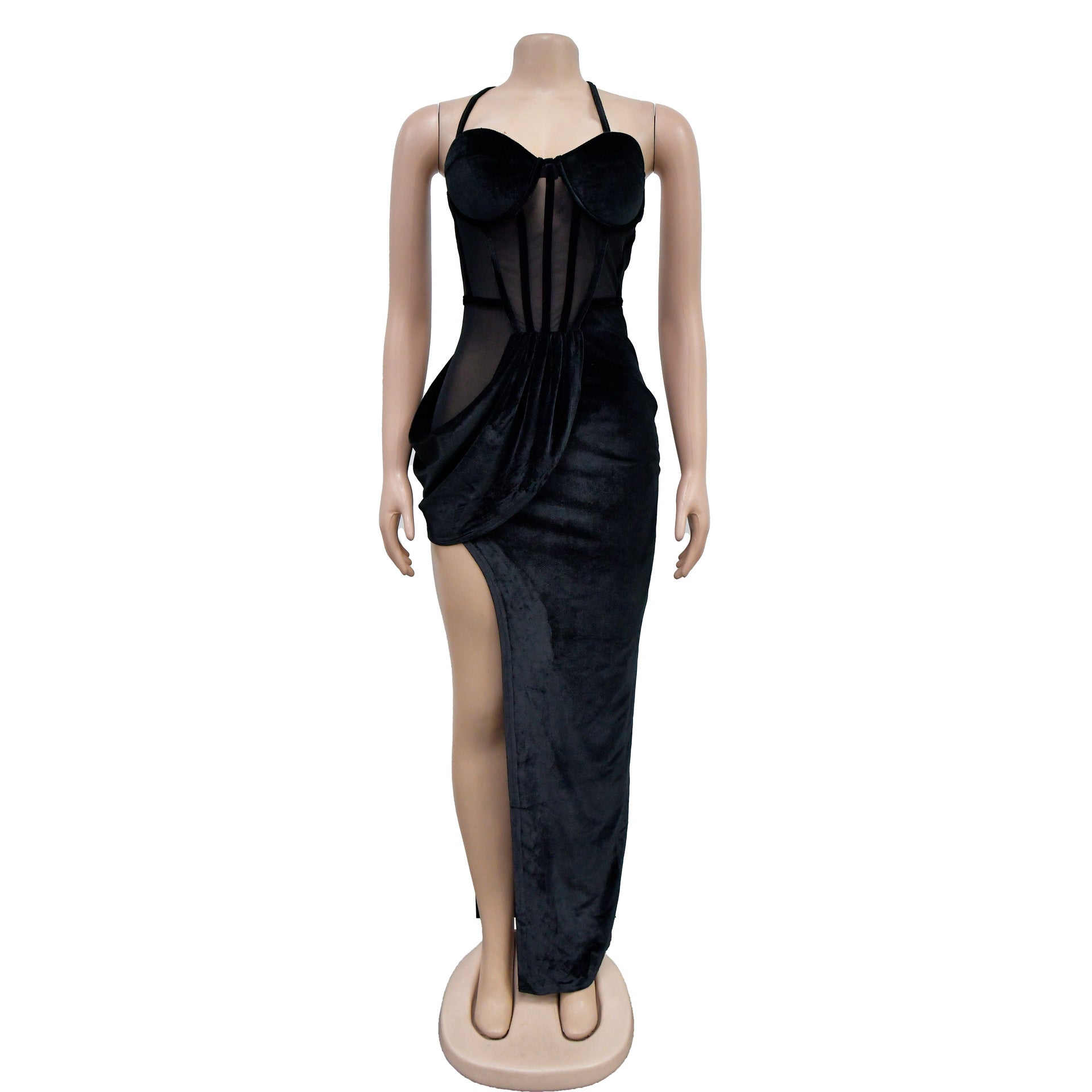 Fashion Women's Solid Color Mesh Straps Slit Long Dress 15