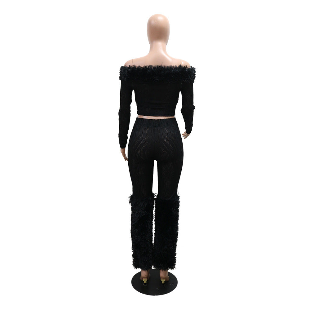 Long Sleeve Off-Shoulder Top & Slim Trousers Furry Two-Piece Set 6