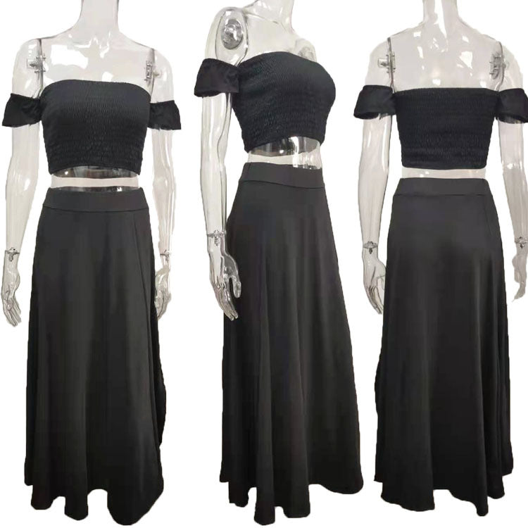 Women Summer French Bohemian Print Strapless Top and Skirt Two-Piece Set 51