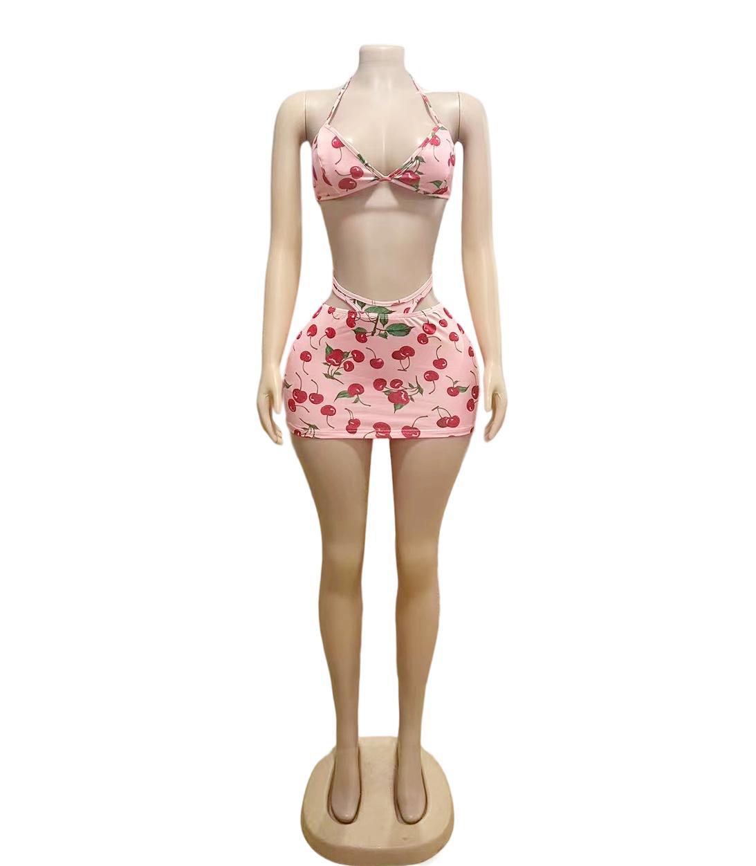 Women Sexy Cherry Printed Pink Suspender Top and Skirt Two-piece Set 6