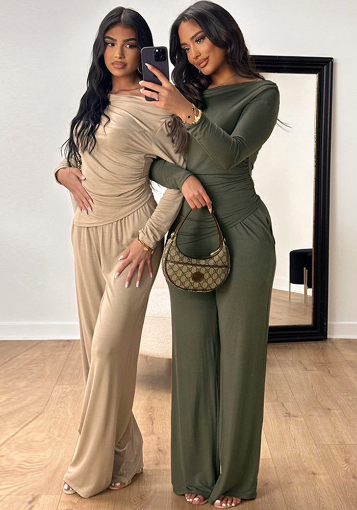 Women Fall Casual Asymmetric Long Sleeve T-Shirt and Wide Leg Pants Two Piece Set
