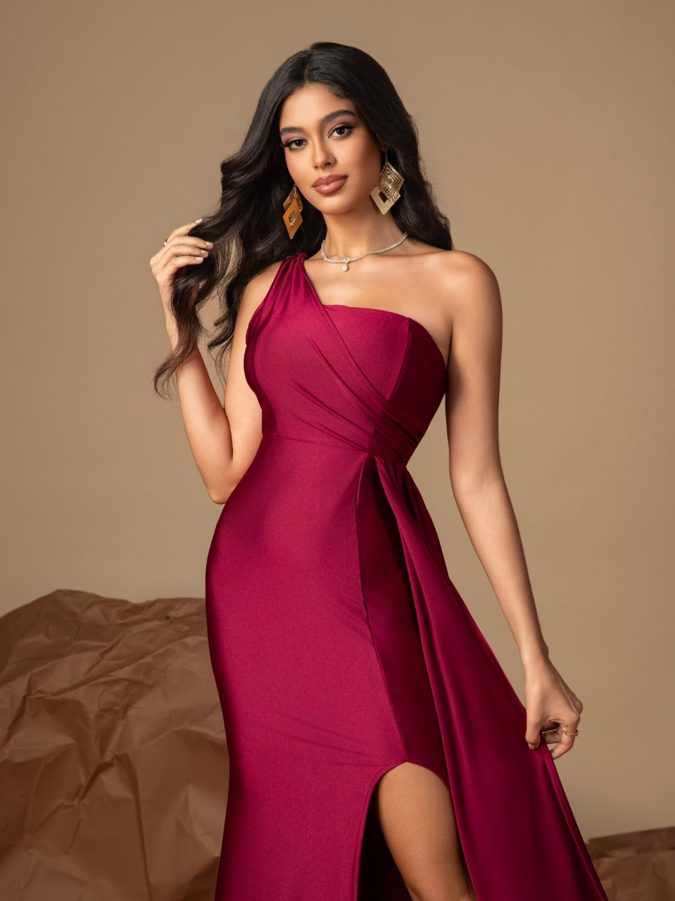 Women sleeveless one-shoulder sexy slit evening dress 6