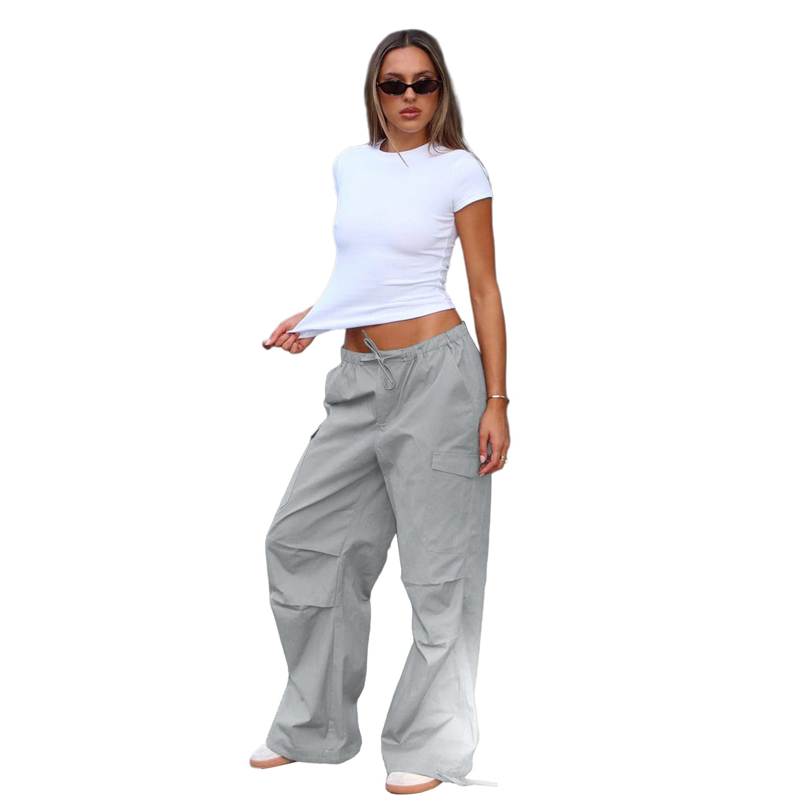 Women's Comfortable Loose Lace-Up Multi-Pocket Straight Cargo Casual Pants 13