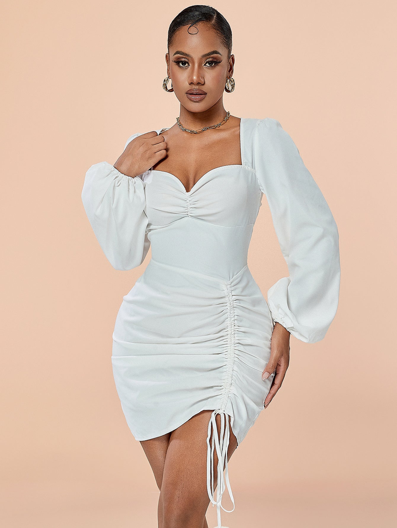 Women long-sleeved Soid drawstring pleated Bodycon Dress 5