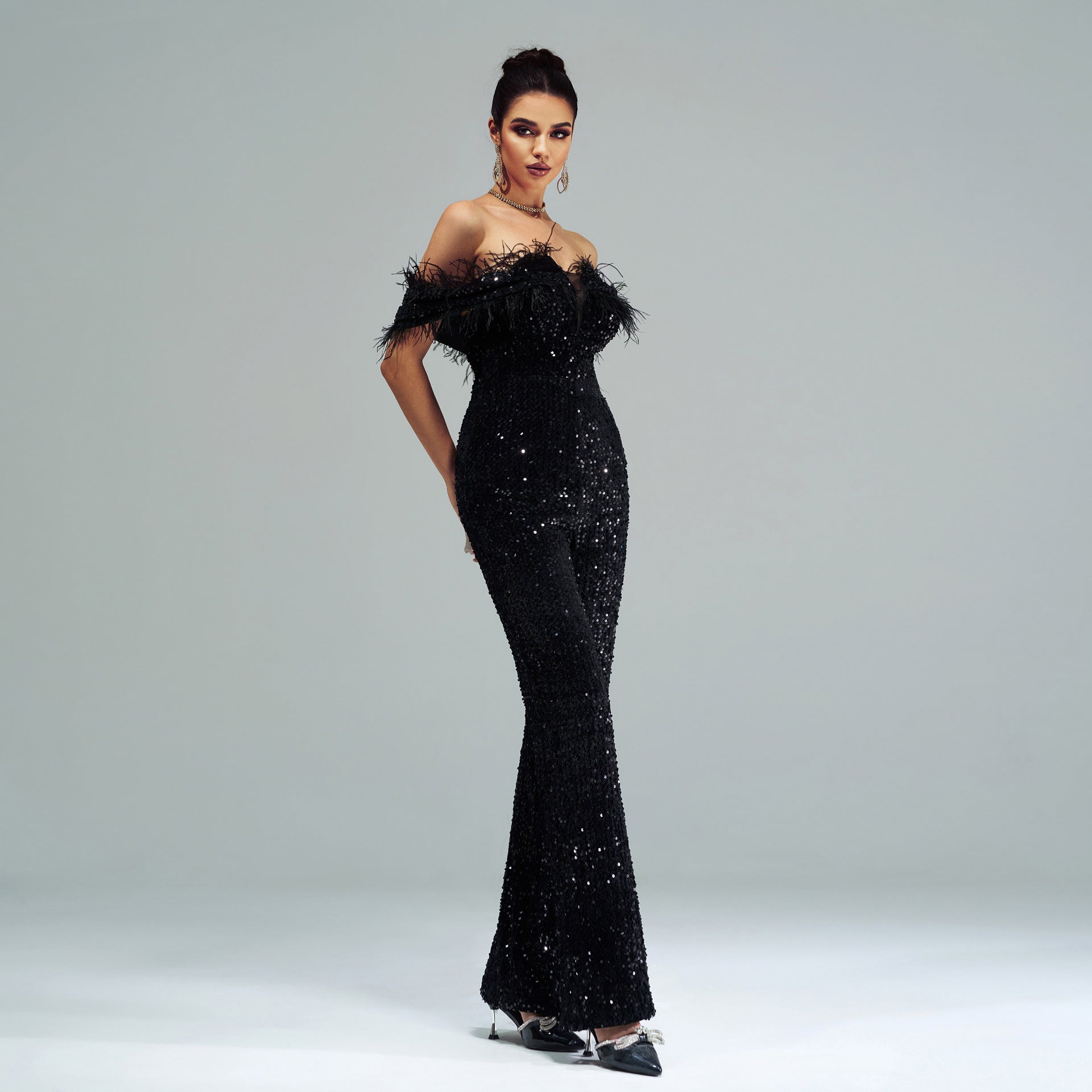 Women's Sexy Long Off Shoulder Sequins Formal Party Jumpsuit