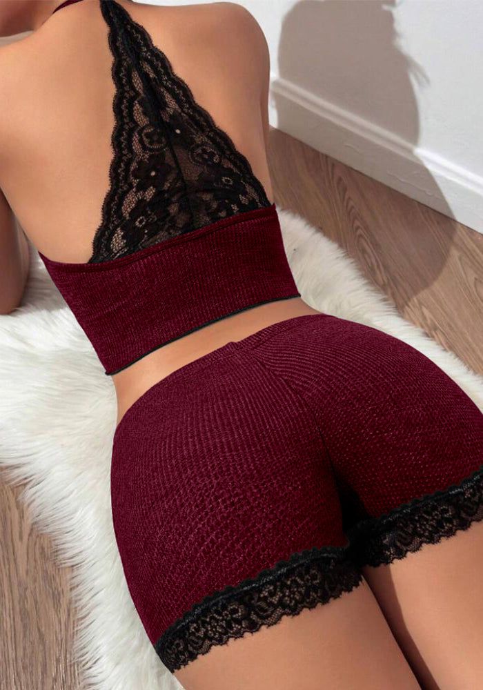 Women contrasting lace patchwork backless waffle casual Pajama two-piece set