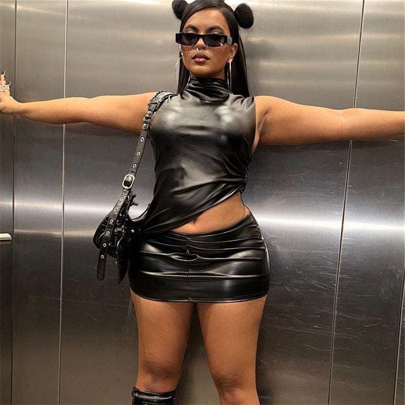 Women Summer Black Pu-Leather Stand Collar Sleeveless Pleated Irregular Top and Bodycon Skirt Two-Piece Set 3