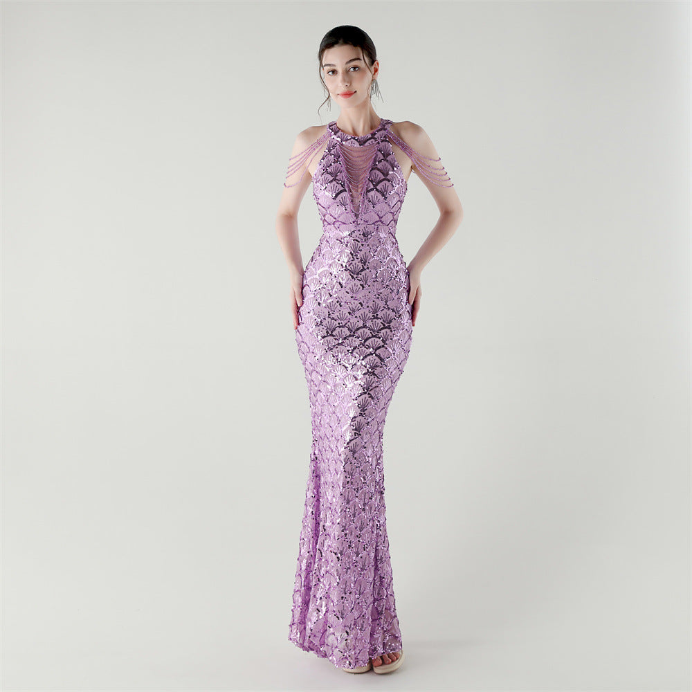 Elegant Chain-Decorated Fishtail Sequin Evening Dress for Formal Ceremonies 11
