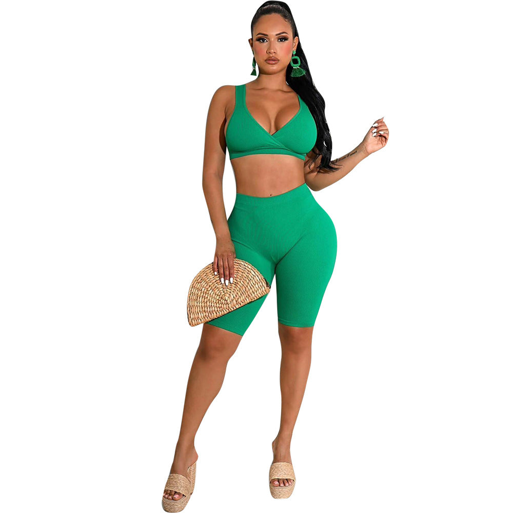 Summer fashionable beach holidays casual ribbed solid color two-piece shorts set 10