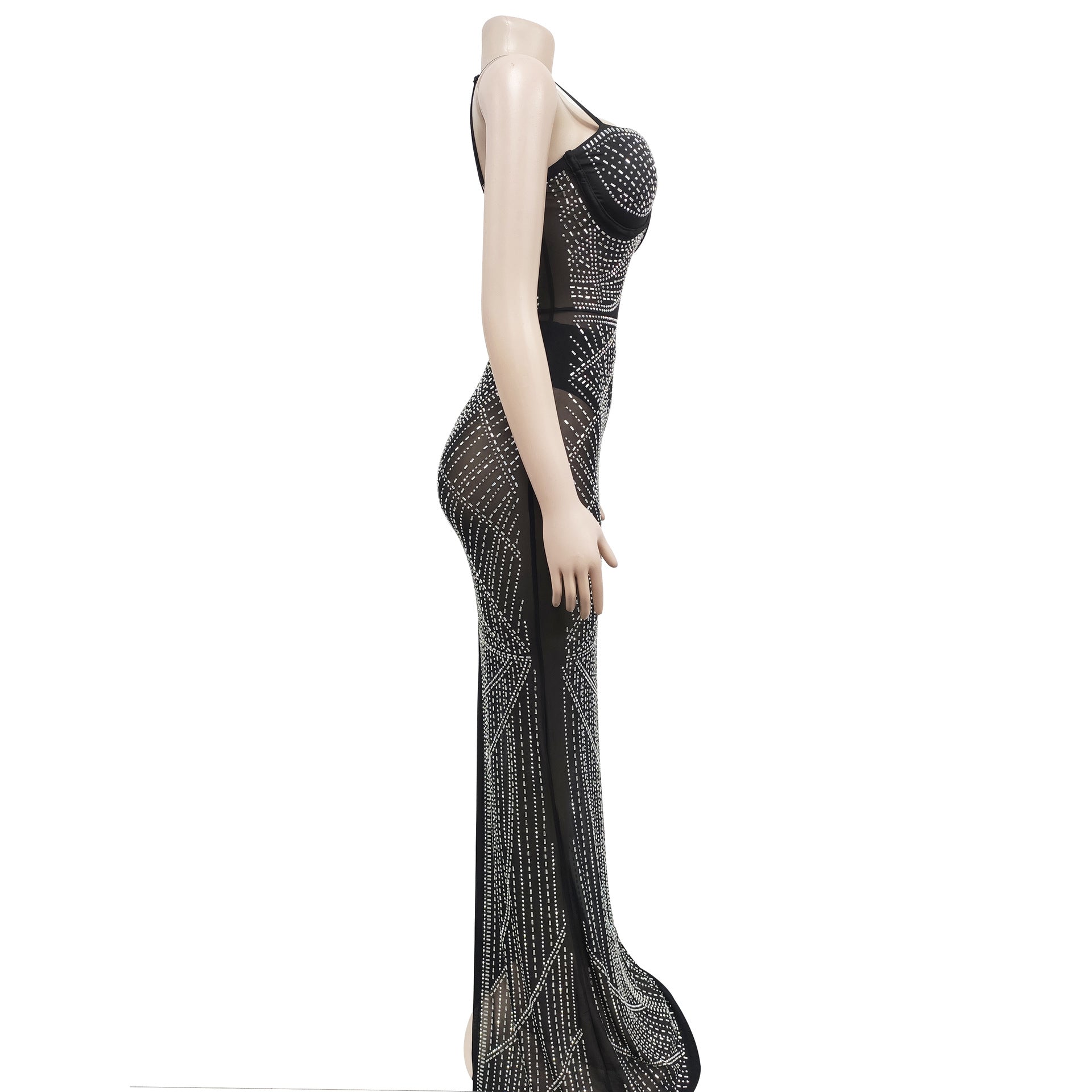 Women Solid Beaded Mesh Sleeveless Maxi Dress 13