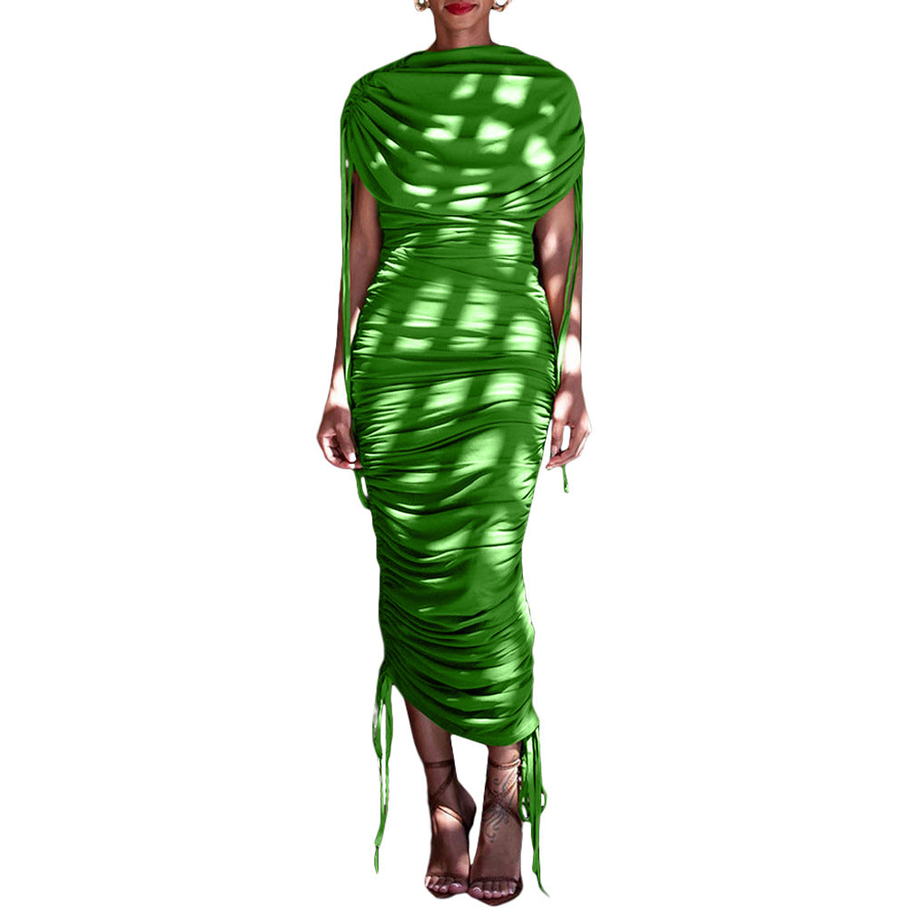 Women Solid Pleated Drawstring Zip Irregular Dress 11