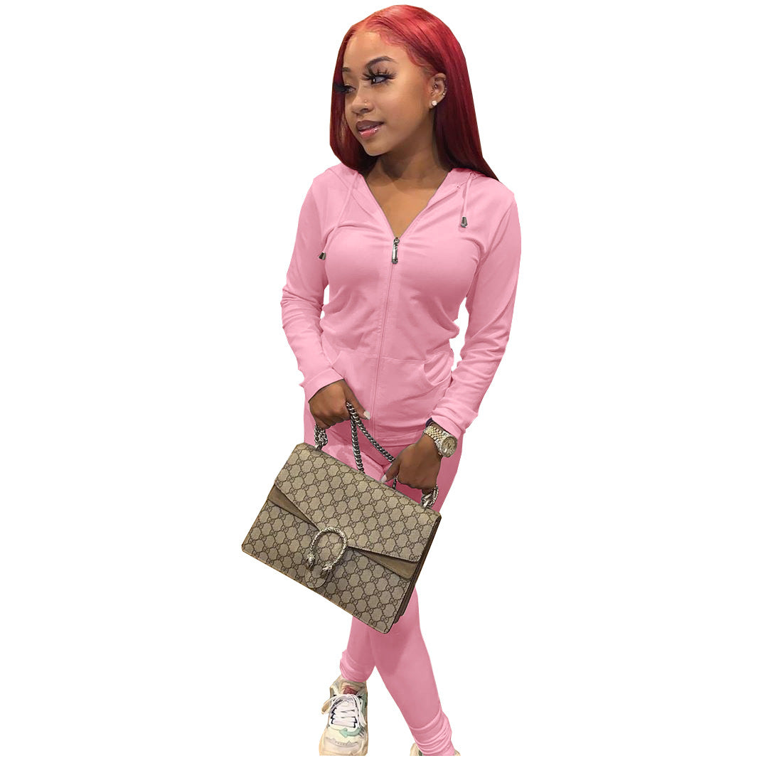 Women Summer Sports Hooded Full Sleeves Solid Pockets Regular Two Piece Pants Set 37