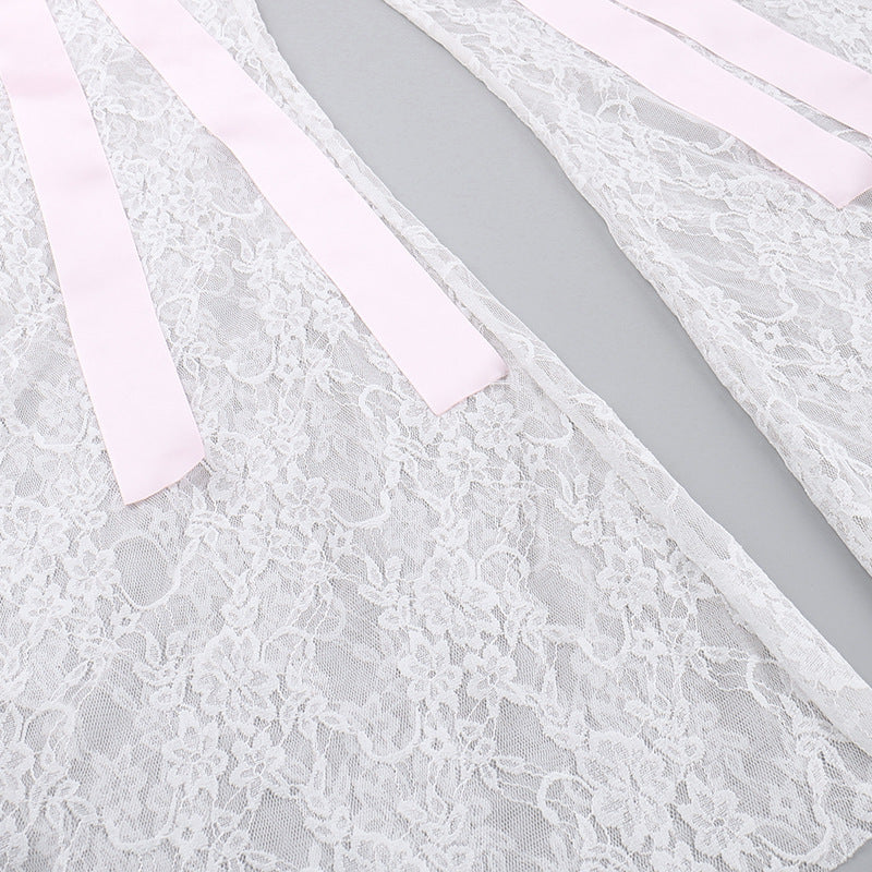 High-Waisted Lace See-Through Bow Trousers Straight-Leg Pants 15