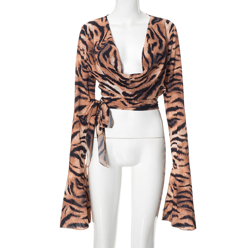 Women Tiger Print Slit Swinging Collar Lace-Up Sexy mesh long-sleeved top 9