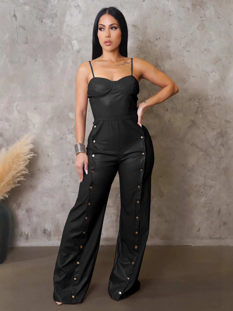 Women's PU Leather Strap Sleeveless Wide-Leg Jumpsuit