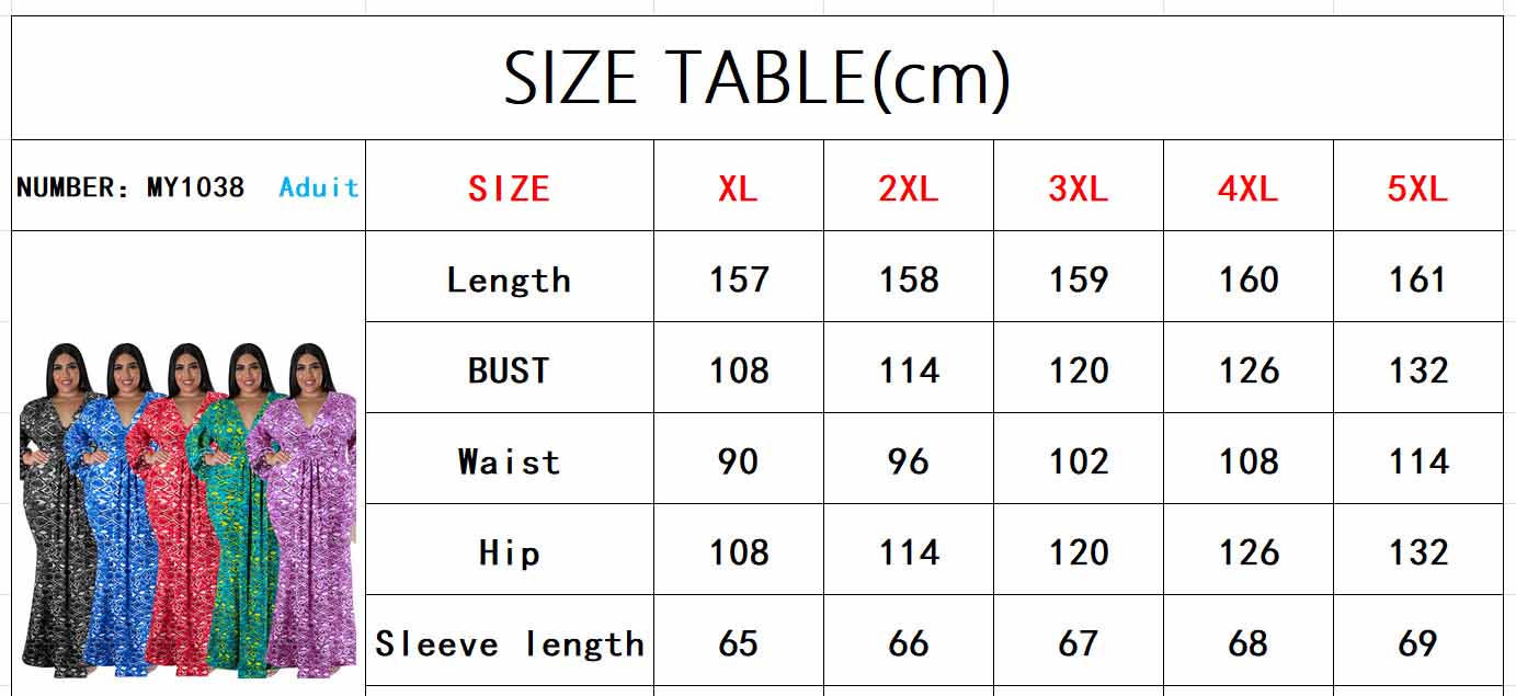 Plus Size Women'S Print V-Neck Fashion Long Sleeve Mermaid Long Dress 18