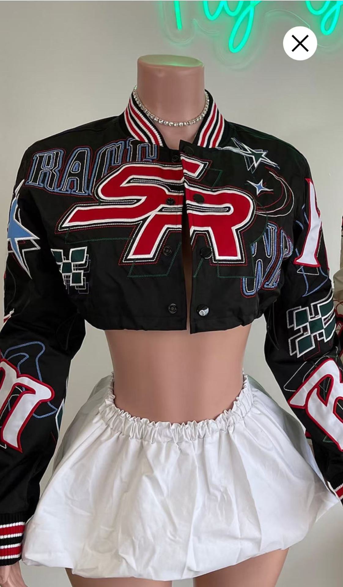 Fashionable American Embroidery Ribbed Short Long Sleeve Single Breasted Baseball Jacket