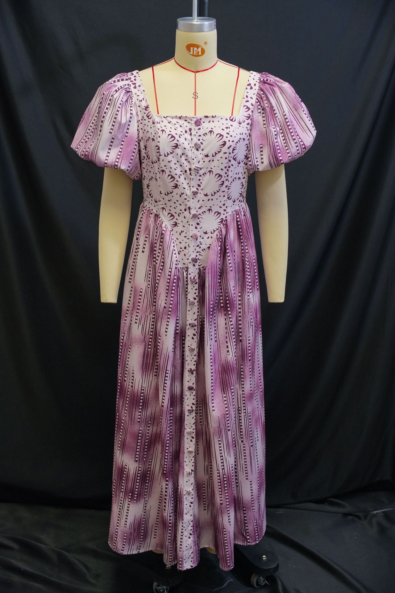 Women's Summer Fashion Square Neck Printed Bubble Sleeve High Waist Dress 6