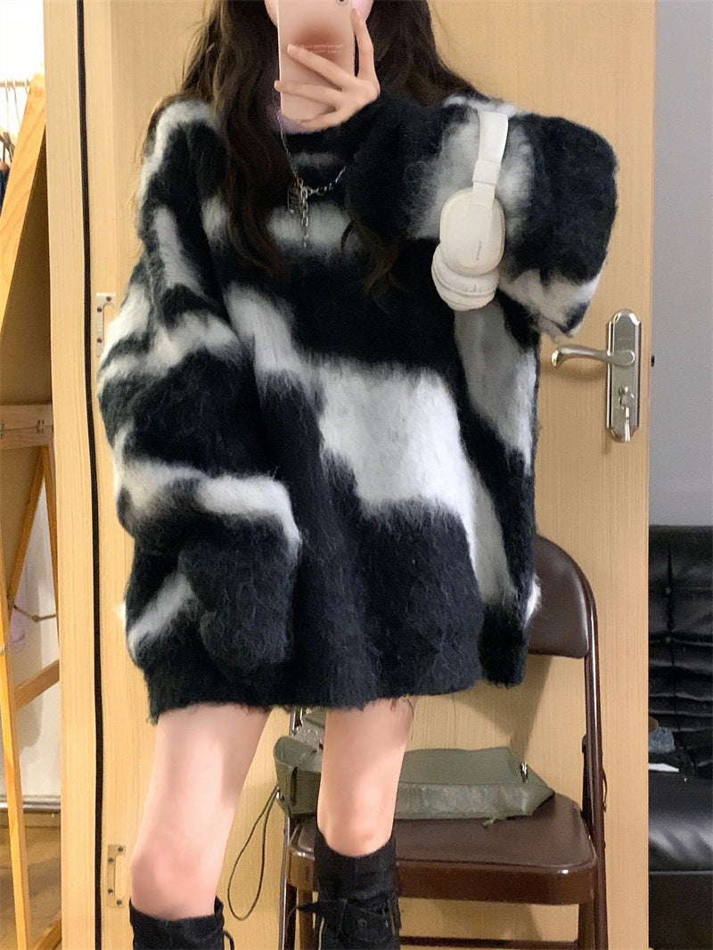 Autumn And Winter Casual Street Retro Contrasting Sweater Women's Lazy Style Knitting Shirt 4