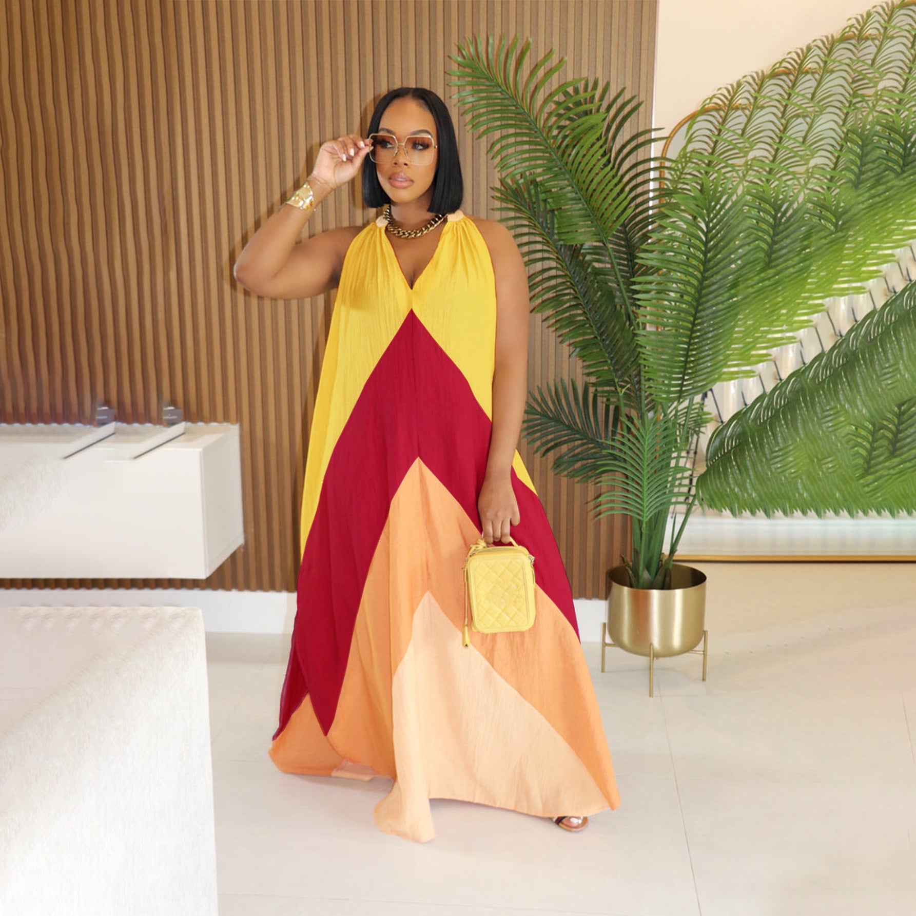 Women Summer V-Neck Long Contrast Sleeveless Holidays Dress