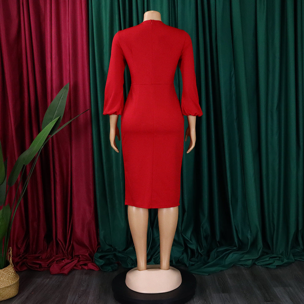 African Women v-neck puff sleeve slit dress 28