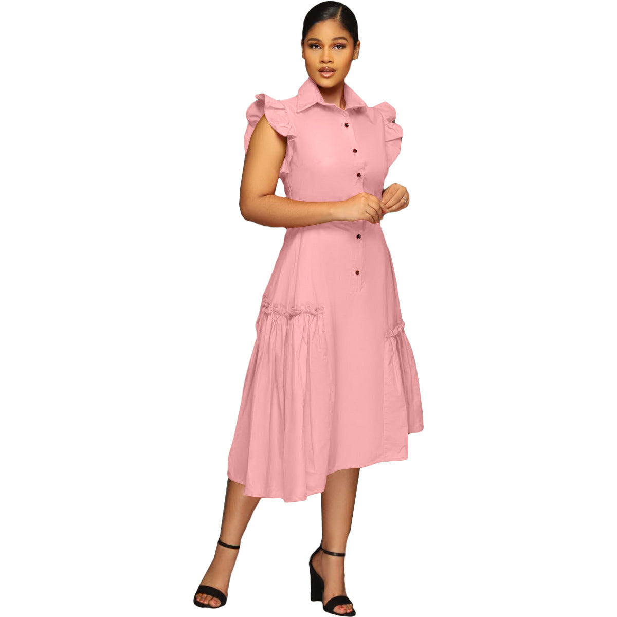 Trendy Shirt Collar Irregular Ruffle Edge Swing Dress 9