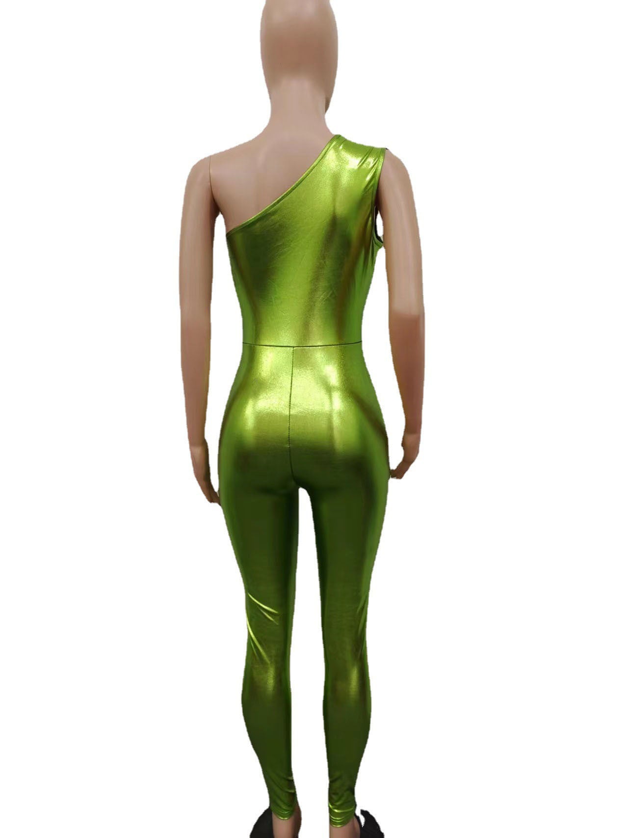 Sexy One Shoulder Solid Color Sleeveless Slim Fitted Pu Leather Jumpsuit 13