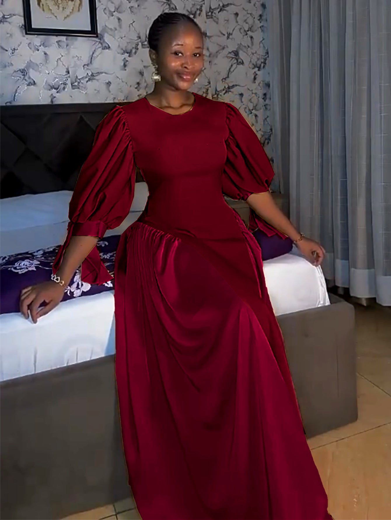 Round Neck Elegant Party Evening Dress Patchwork Fashion Puff Sleeve Party Dress