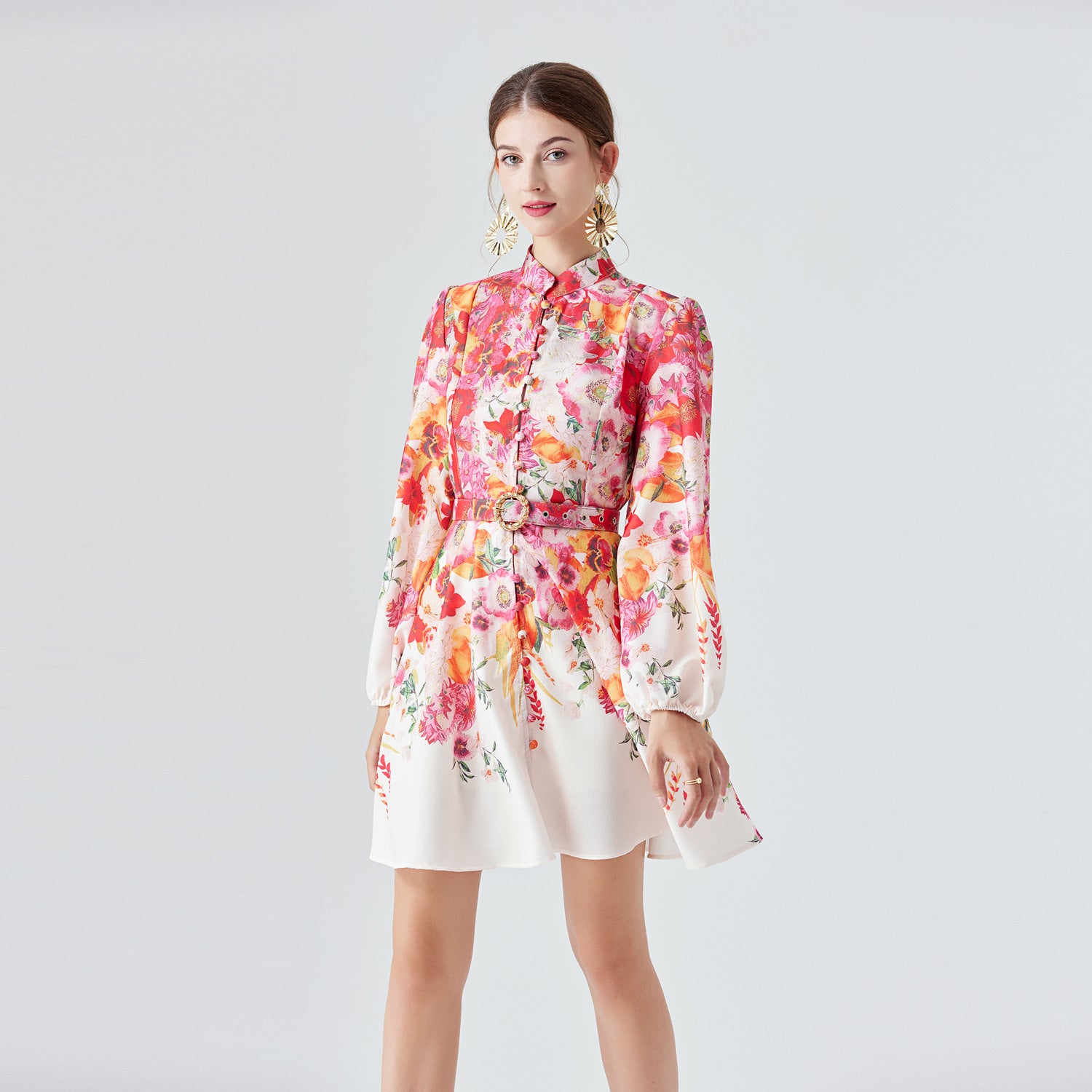 Women's Print Long Sleeve Lantern Sleeve Stand Collar Single-Breasted Short Dress With Belt 3