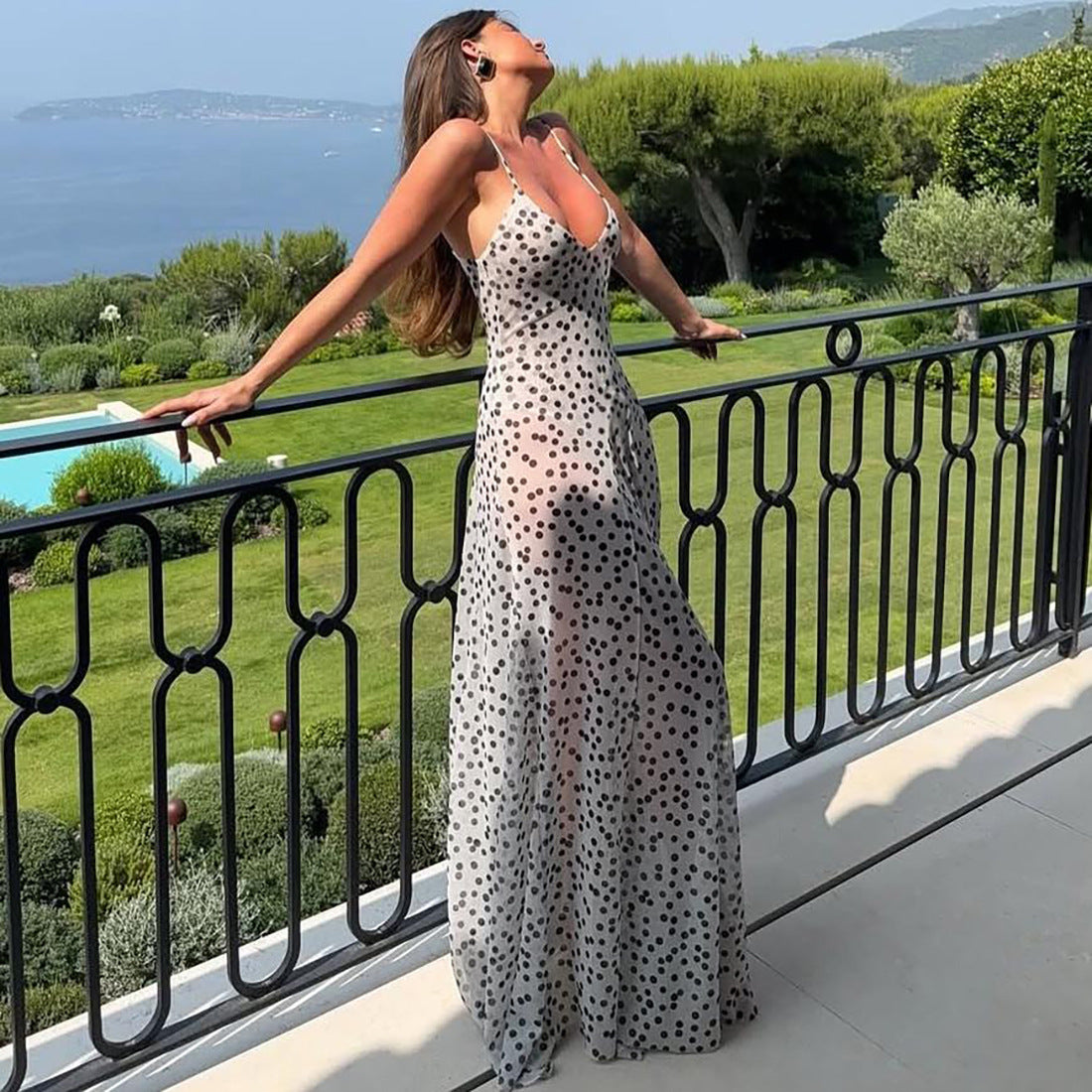 Women's Autumn Trendy Polka Dot Print Sleeveless Strap High-Waisted Dress 8