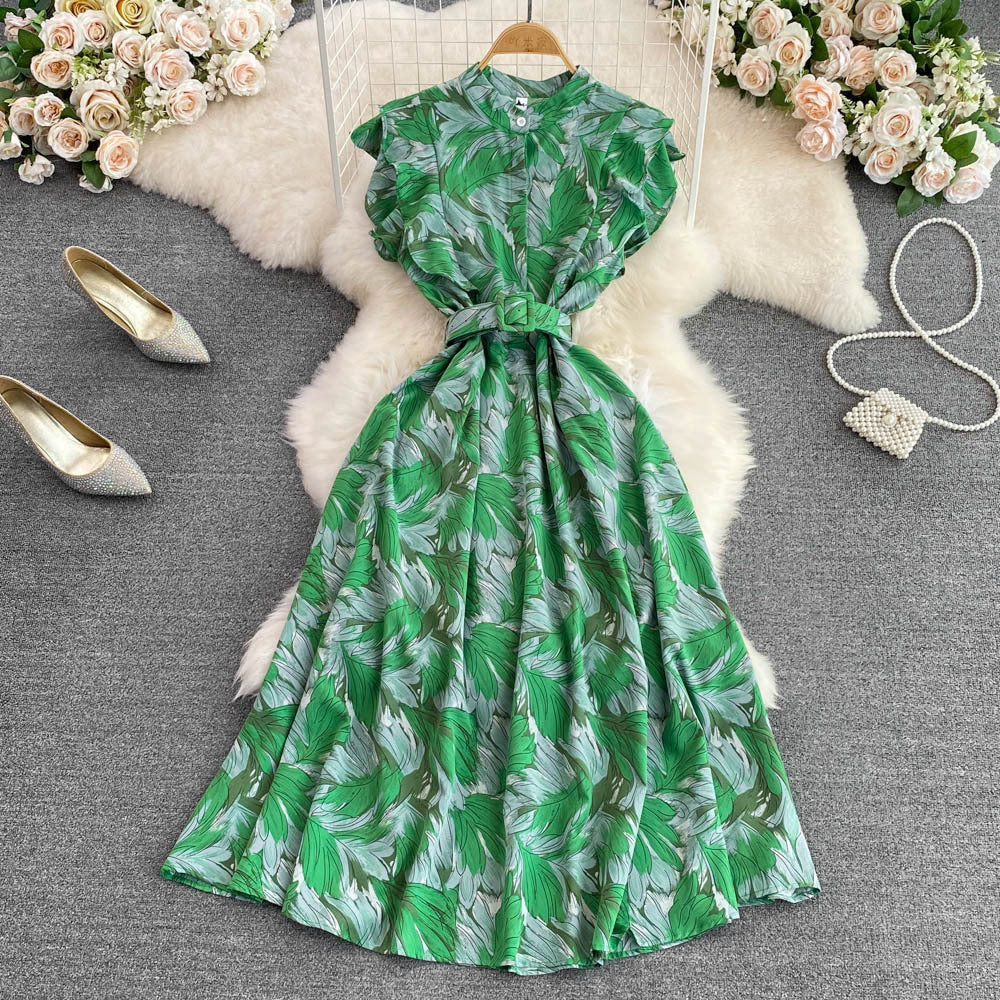 summer stand collar slim waist printed a-line high waist elegant chic long dress 16