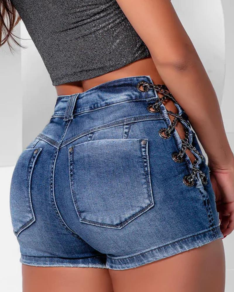 Women's Side Metal Chain Lace-Up Ripped Tight Fitting Denim Shorts