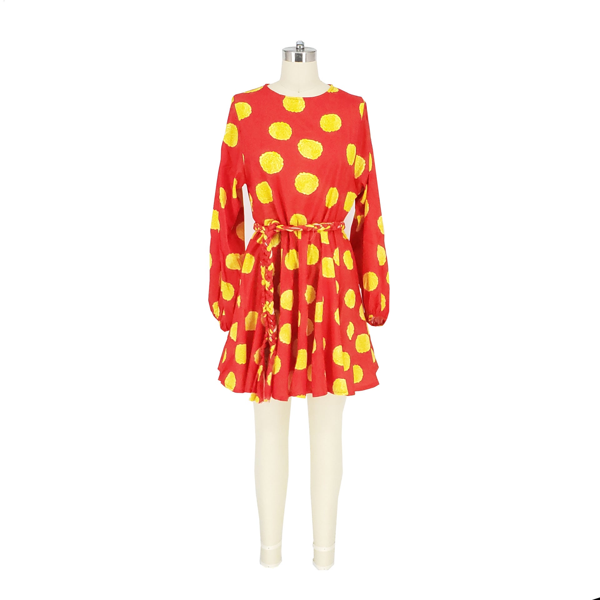 Women's Polka Dot Long Sleeve Lantern Sleeve Short Dress 19