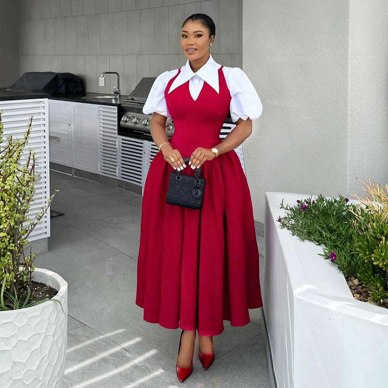 Women autumn elegant puff sleeve shirt collar dress 3