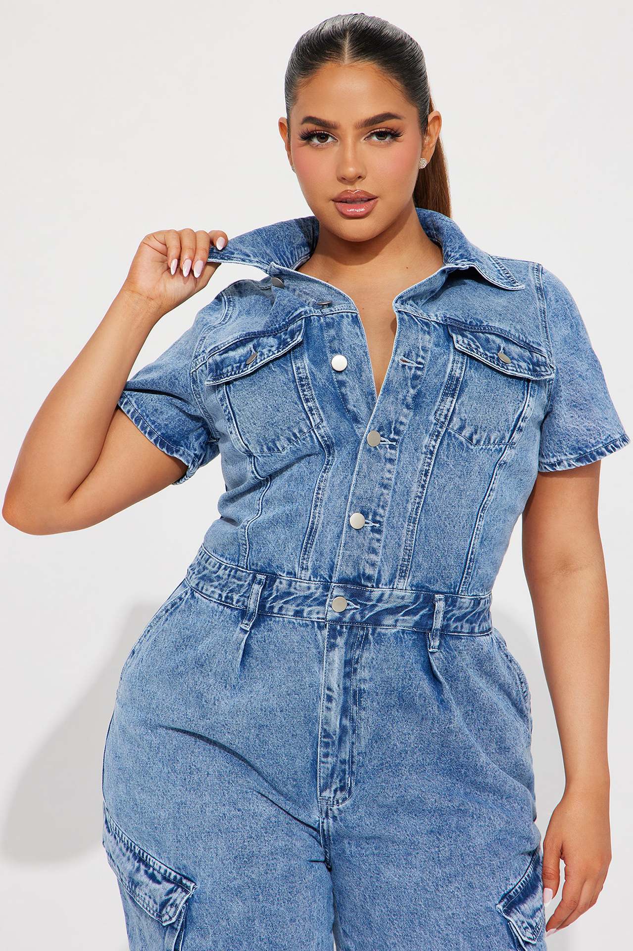 Short Sleeve Tight-Waisted Slim-Fit Stretch-Washed Denim Jumpsuit 5