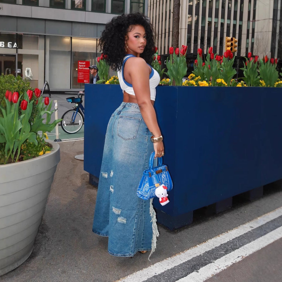 Women Summer Raw Edge Ripped Slit Bodycon Skirt