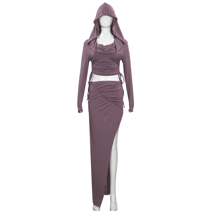 Spring Solid Color Hooded Slim Long Sleeve  Top High Waist Slit Long Skirt Women's Two Piece Set 7