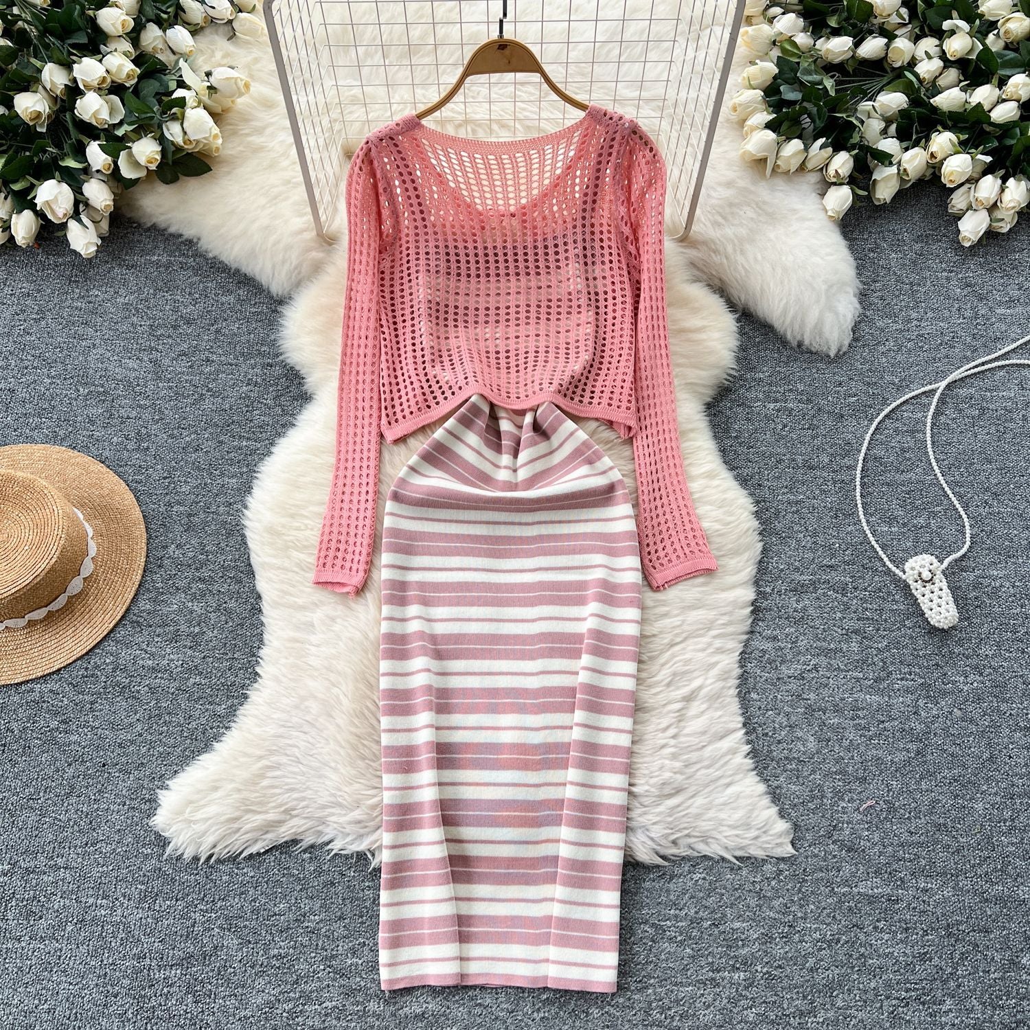 Tie Up Cardigan Low Back Strap Slim Fit Chic Stripes Knitting Dress 8