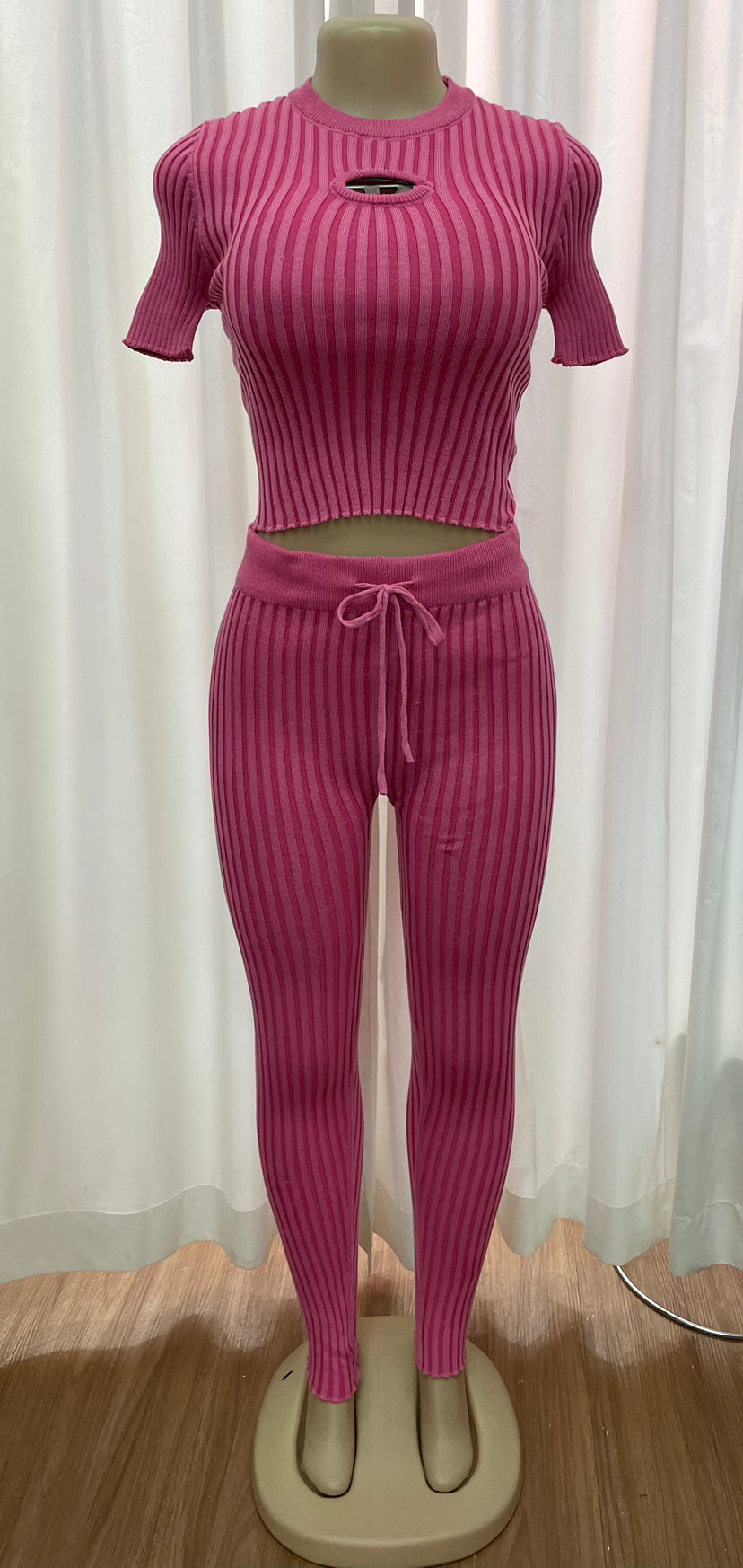 knitting hollow short sleeve High Waist Slim two piece Pants Set 3