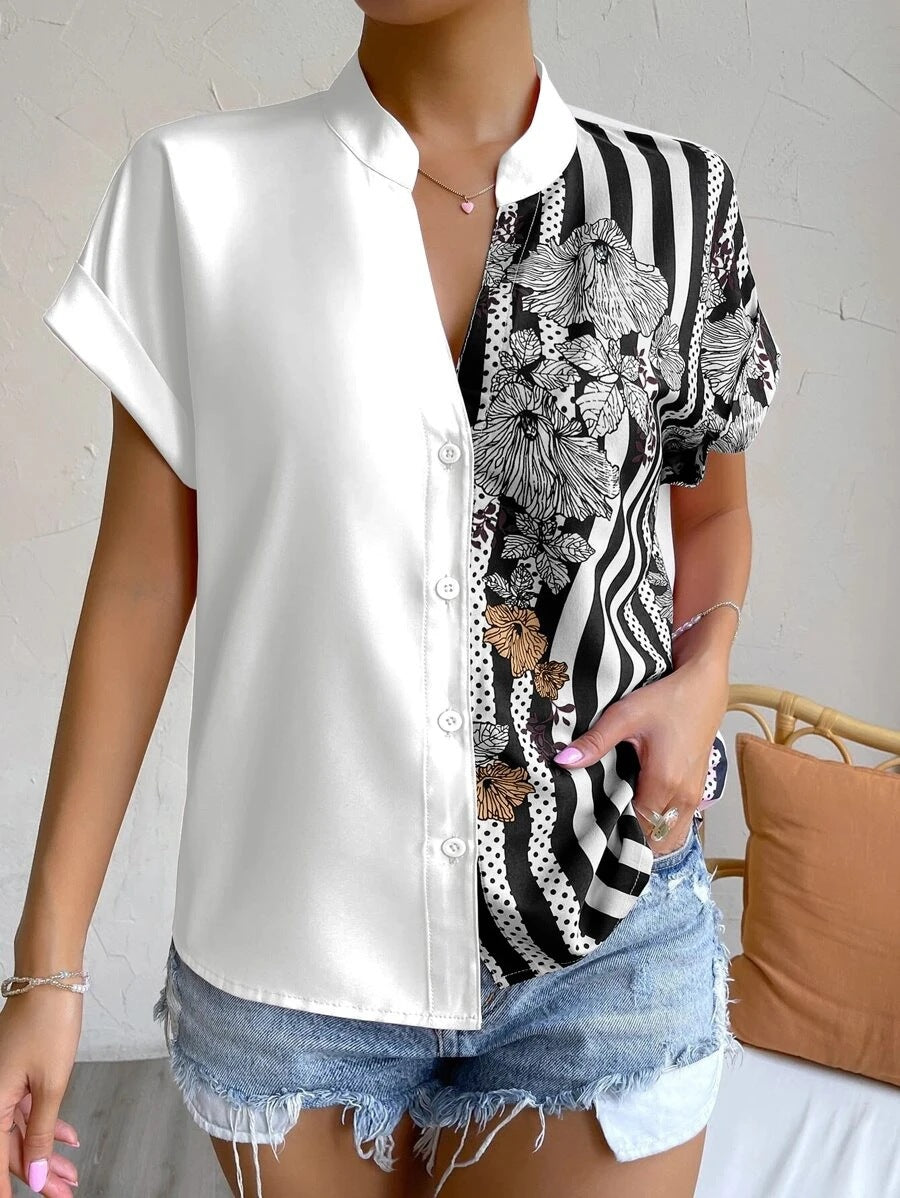Women Contrast Floral Button Short Sleeve Shirt 13