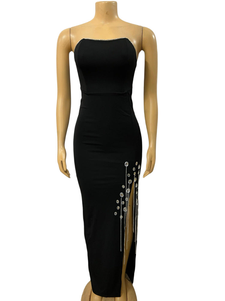 Women diamond chain Strapless sexy Backless Bodycon slit dress 4