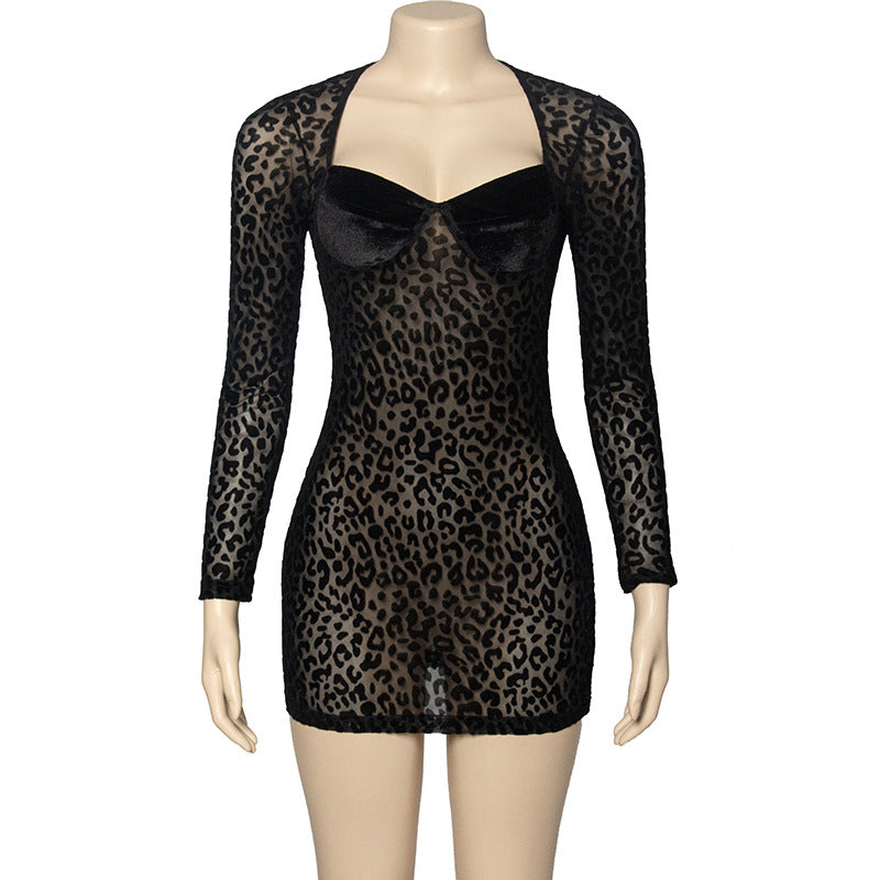 Women autumn leopard print flocked mesh sexy Bodycon Mini dress 9