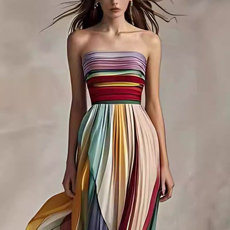 Sexy strapless multi-color printed long dress 3