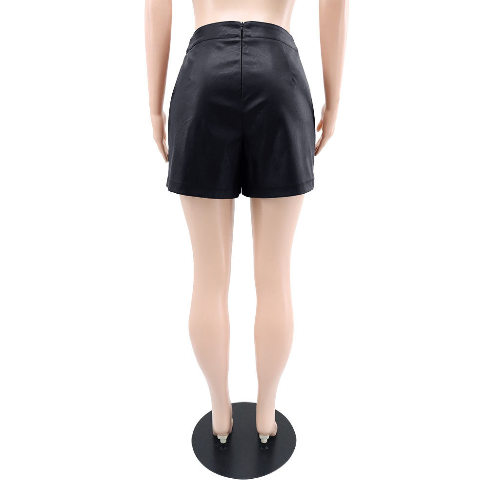 Trendy Slim Waist Short Loose Women's Pu Leather Culottes Shorts 11