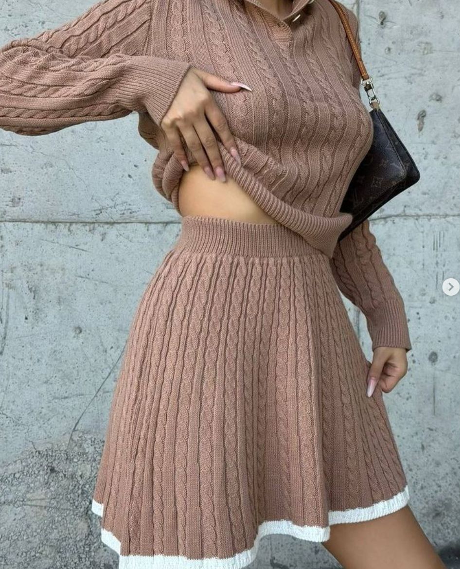 Women Knitting Long Sleeve Top and Skirt Two Piece Set 3