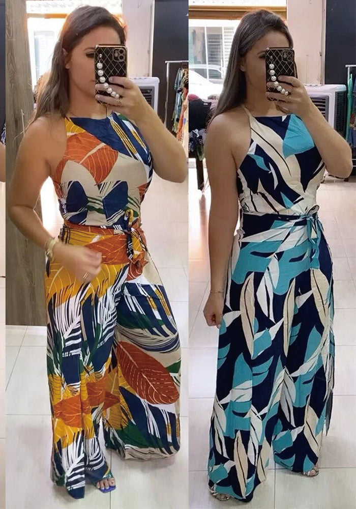 Sexy Fashion Multicolor Print Belt Sleeveless Jumpsuit