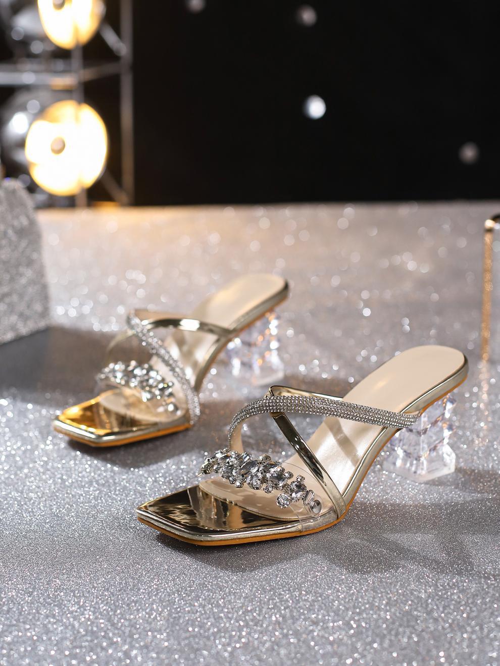 Women Square Toe Diamond Block Heel High Heel Open Toe Sandals 12
