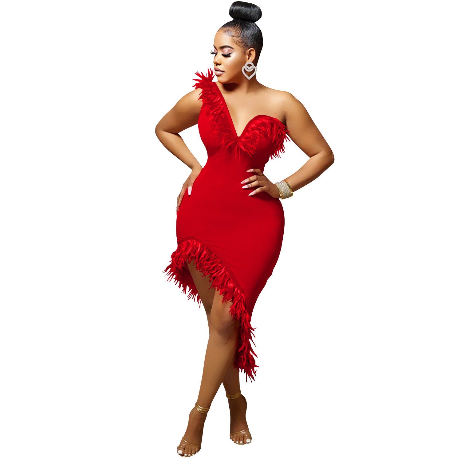 Solid color V-neck sleeveless feather irregular skirt dress 12